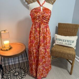 Floral Halter Maxi Dress in Coral Pink Orange